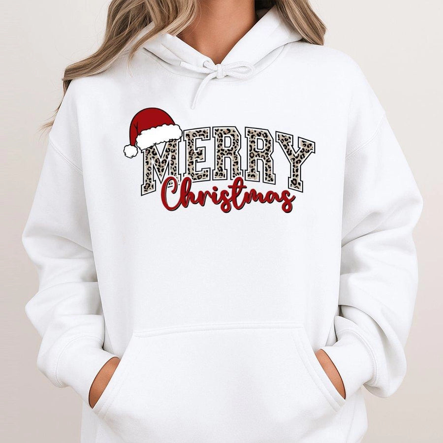 Merry Christmas Hoodie | Leopard Print Santa Hat Graphic | Premium Cotton Blend Unisex Sweatshirt | Festive Holiday Gift for Her
