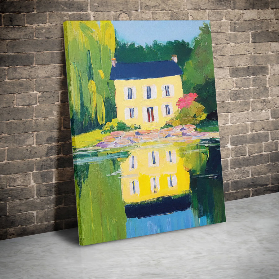 Impressionist Lake House Canvas Wall Art | Vibrant Oil Painting Style Print with Water Reflection | Premium Thick Gallery Wrap | Modern Home Decor Gift for Art Lover