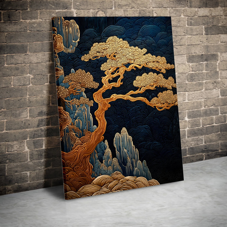 Japanese Tree of Life Vertical Canvas | Textured Gold Ukiyo-e Style Art | Premium Thick Gallery Wrap | Collector's Zen Home Decor Gift