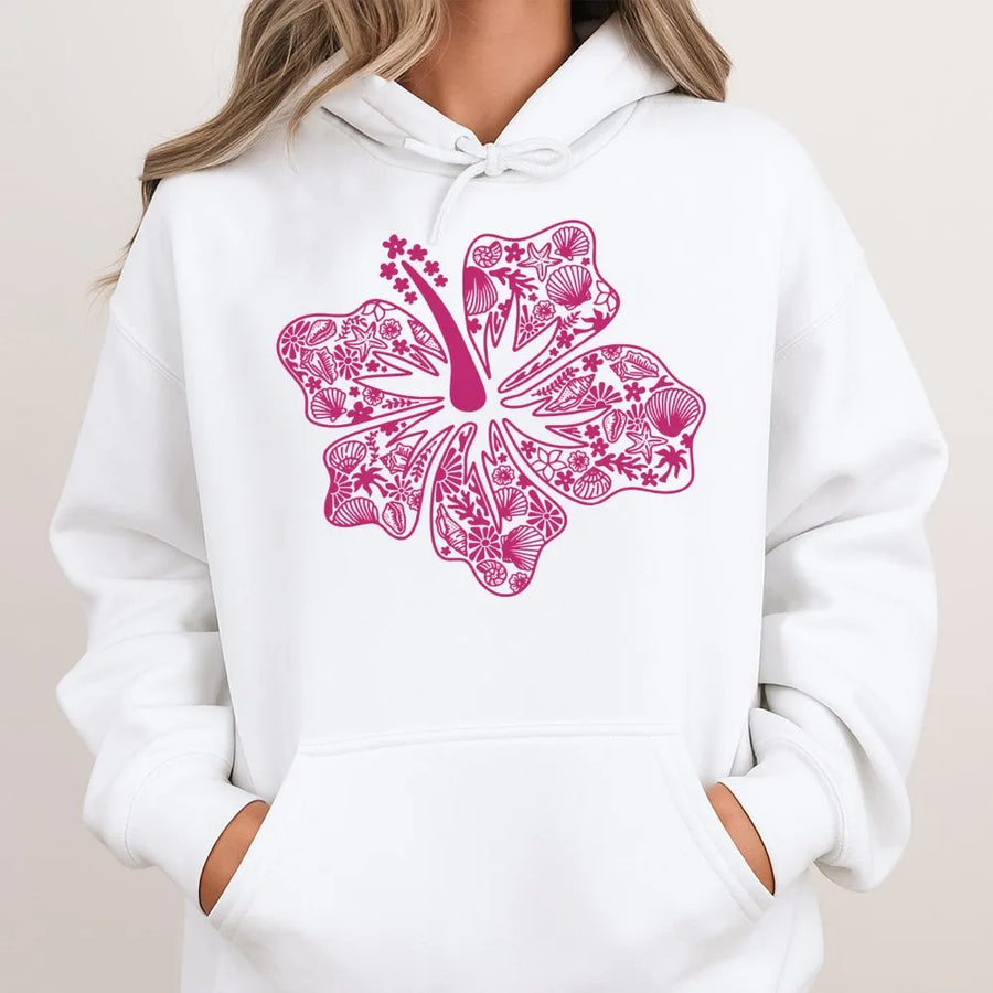 Hibiscus Flower Hoodie | Coastal Tropical Beach Art | Premium Cotton Blend | Aesthetic Preppy Gift for Women and Teens