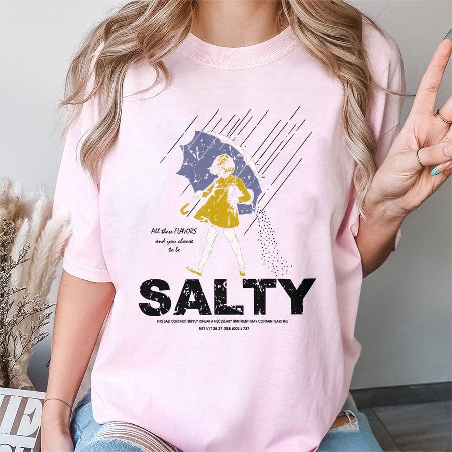 Salty Graphic T-Shirt | Funny Retro Umbrella Girl Illustration | Premium 100% Cotton Tee | Sarcastic Gift for Men and Women