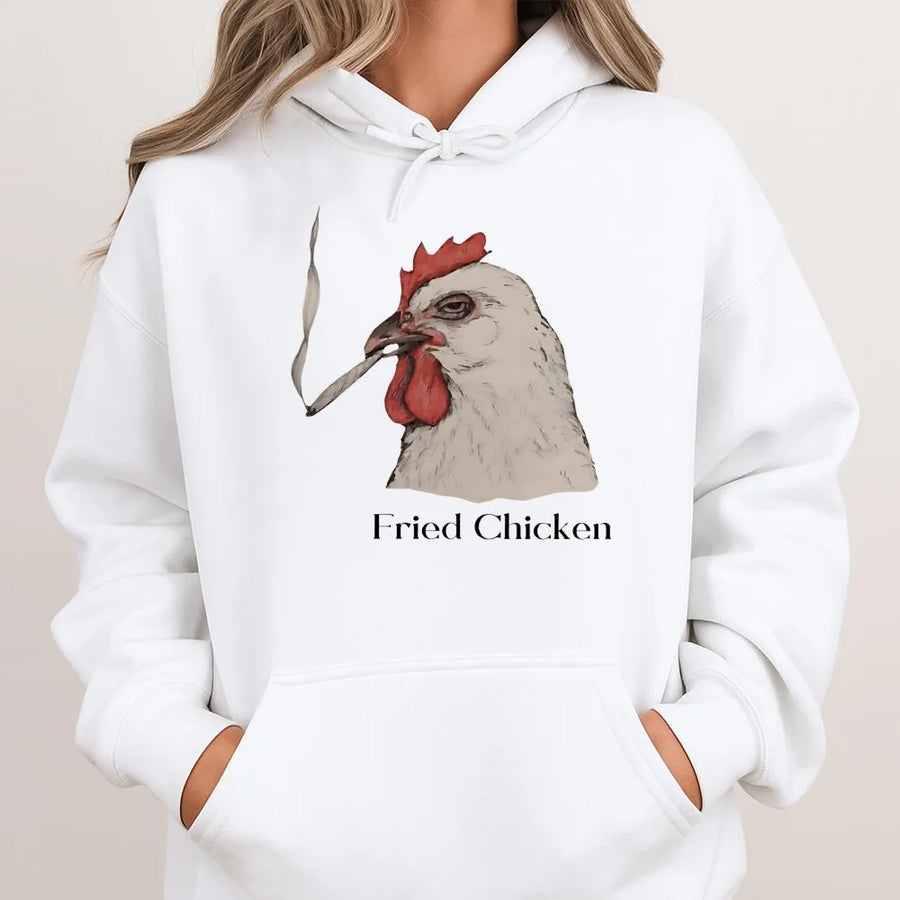 Fried Chicken Hoodie | Funny Smoking Rooster Graphic | Premium Cotton Blend Unisex Sweatshirt | Retro Weed 420 Gift For Him Or Her