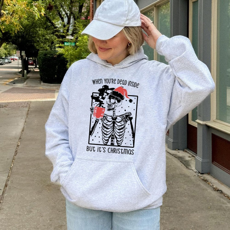 Funny Skeleton Christmas Hoodie | Dead Inside Coffee Graphic | Premium Cotton Blend | Dark Humor Holiday Gift For Men Women