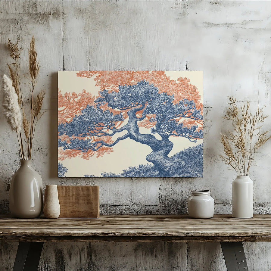 Japanese Pine Tree Canvas Wall Art | Vintage Woodblock Style Botanical Print | Premium Fade-Resistant Gallery Canvas | Zen Japandi Home Decor Gift