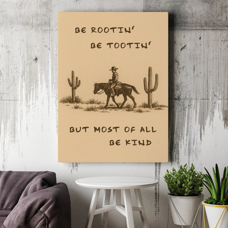 Western Wall Art | Be Rootin' Be Tootin' Be Kind Quote | Gallery Wrapped Canvas Print | Rustic Cowboy Nursery or Office Gift