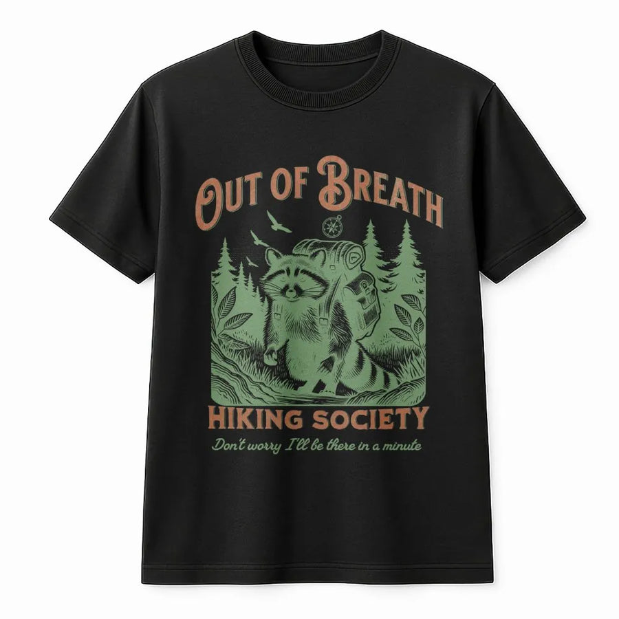 Out of Breath Hiking Society T-Shirt | Vintage Raccoon Graphic | Soft Fleece Pullover | Gift for Hiker and Outdoor Lover