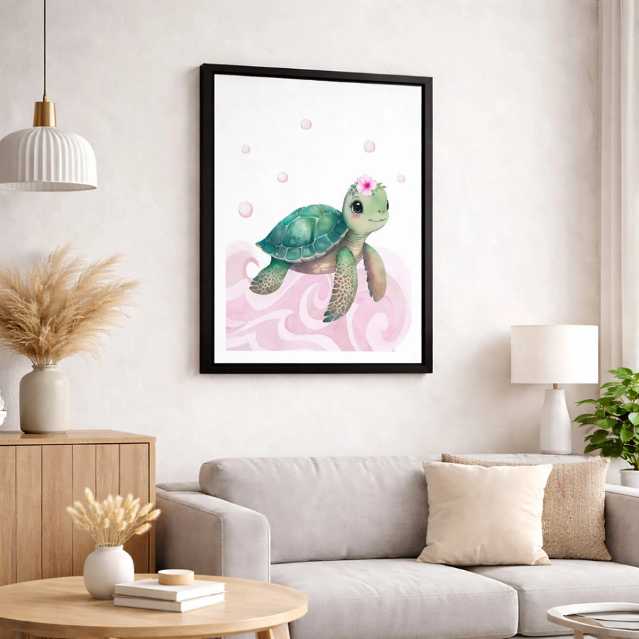 Cute Sea Turtle Wall Art | Watercolor Baby Turtle With Flower Crown | Premium Gallery-Wrapped Canvas Print | Nursery Decor Gift