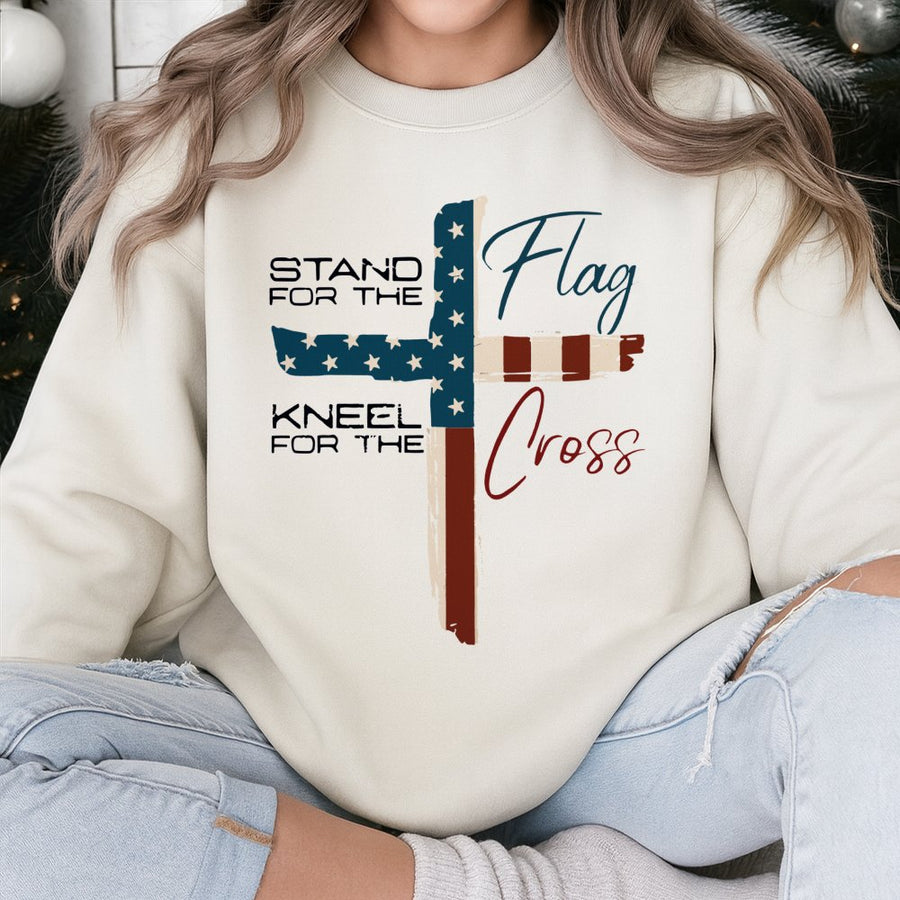 Stand For The Flag Kneel For The Cross Sweatshirt | Patriotic Christian Faith Graphic | Premium Cotton Blend | Unisex Gift For Patriots