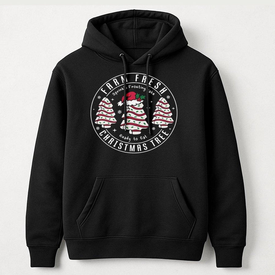 Farm Fresh Christmas Tree Cake Hoodie | Festive Retro Dessert Graphic Print | Premium Cotton Blend | Cozy Holiday Gift for Women and Men