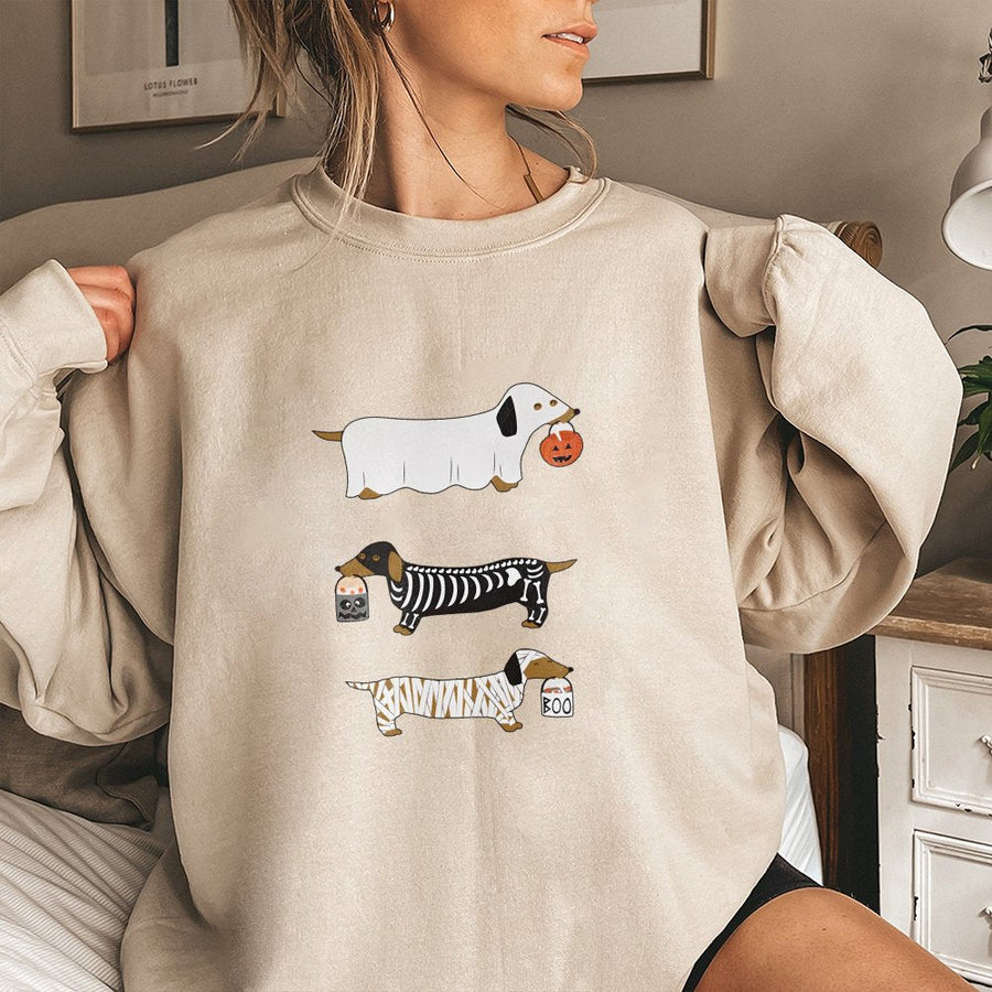 Dachshund Halloween Sweatshirt | Funny Ghost Skeleton Mummy Wiener Dog Graphic | Premium Cotton Blend Crewneck | Cute Dog Lover Fall Gift
