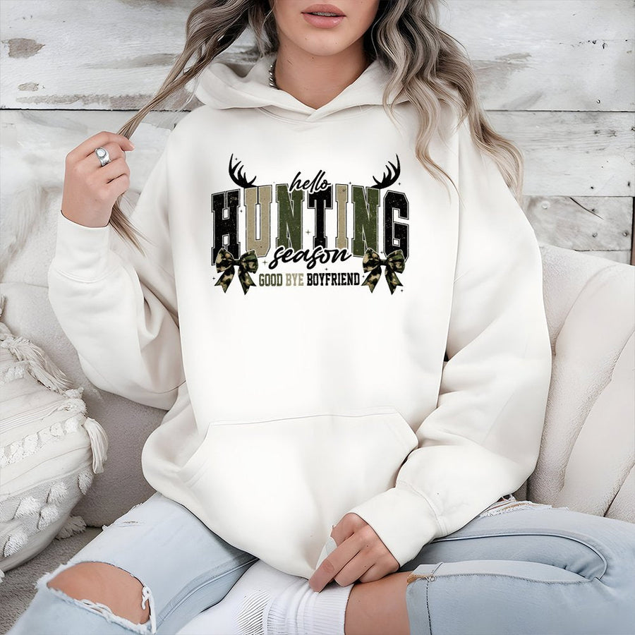 Hello Hunting Season Goodbye Boyfriend Hoodie | Coquette Camo Bow Graphic | Premium Cotton Blend | Funny Hunter Gift for Women