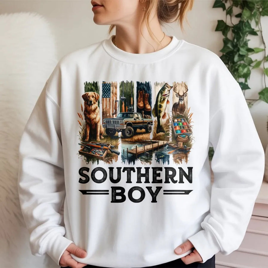 Southern Boy Sweatshirt | Country Life Fishing Truck Graphic | Premium Cotton Blend | Gift For Him Outdoorsman Deer Hunter