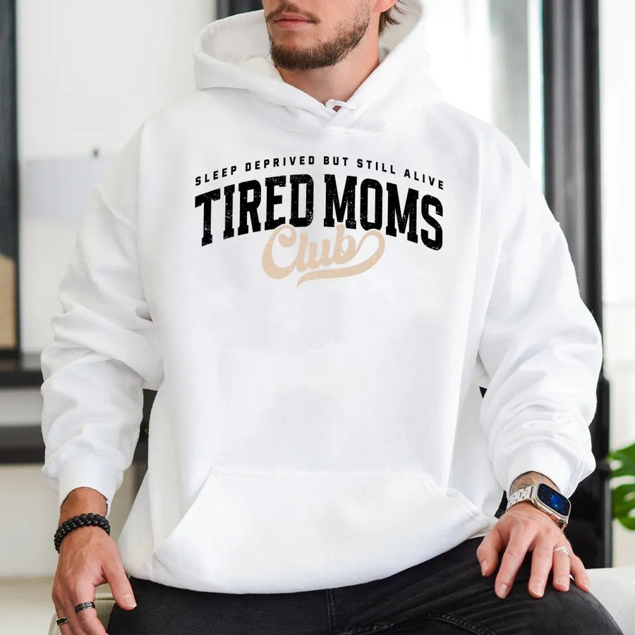 Tired Moms Club Hoodie | Sleep Deprived Vintage Graphic | Cozy Cotton Blend | Funny Mother's Day Gift for New Mom