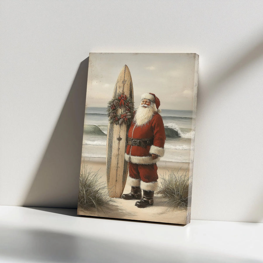 Beach Santa Canvas Print | Tropical Christmas Surfboard Wall Art | Premium Gallery Wrap Decor | Coastal Holiday Gift for Ocean Lovers