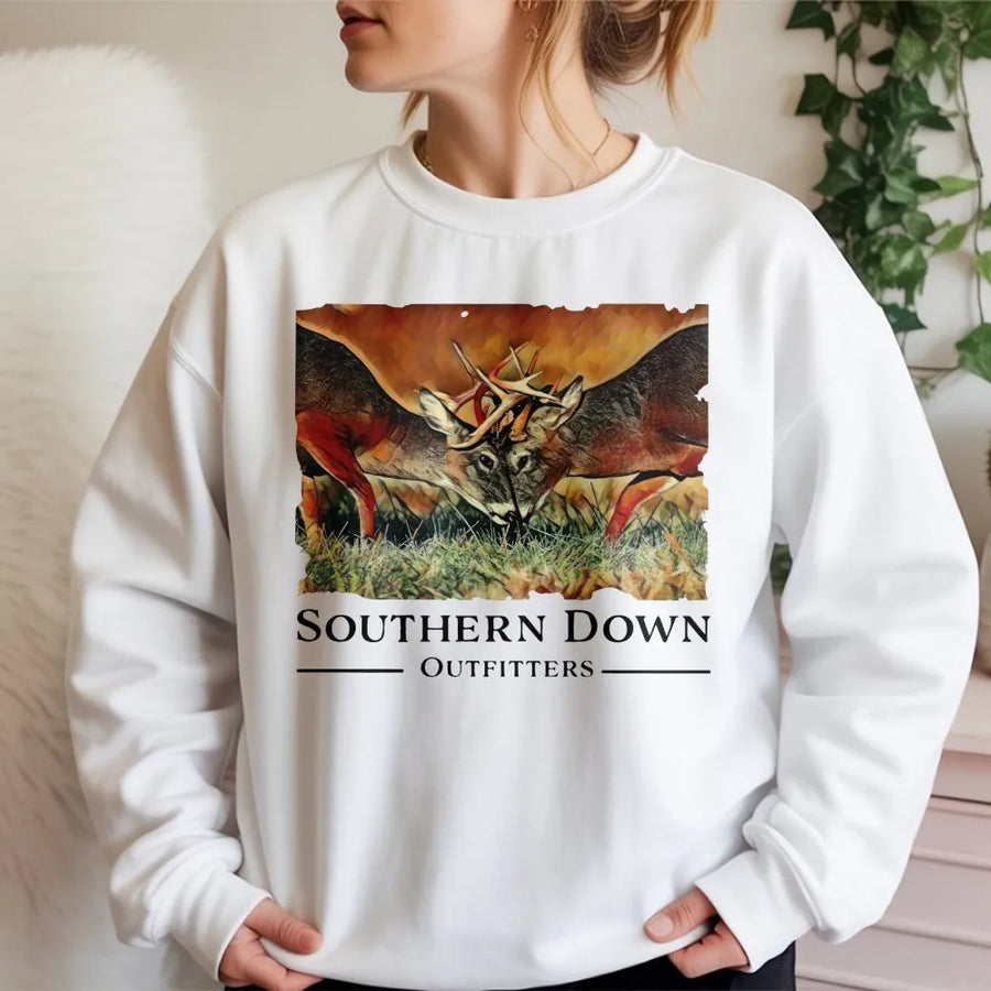 Buck Deer Hunting Sweatshirt | Fighting Whitetail Buck Graphic | Premium Soft Unisex Crewneck | Country Outdoor Wildlife Apparel Gift