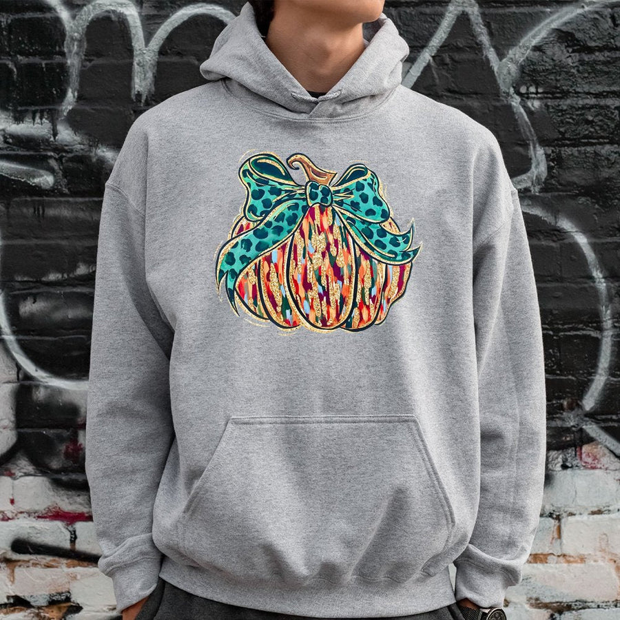 Pumpkin Hoodie with Leopard Bow | Aesthetic Brushstroke Fall Graphic | Premium Cotton Blend Sweatshirt | Cozy Halloween Gift for Her