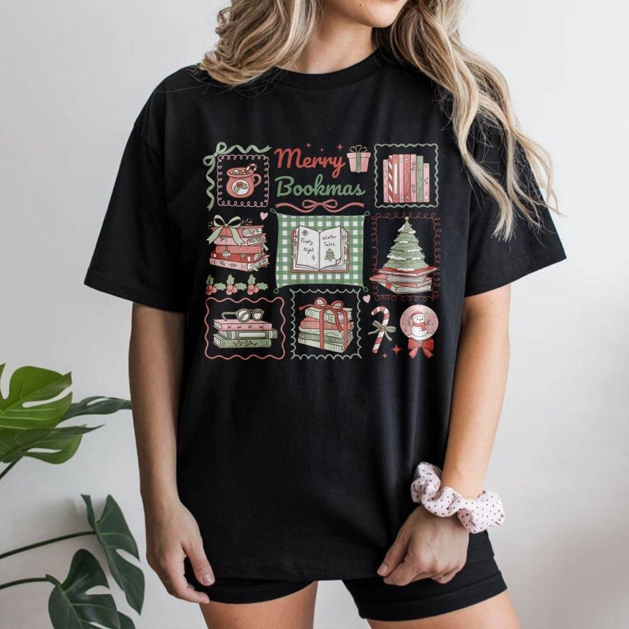 Merry Bookmas T-Shirt | Festive Bookworm Christmas Graphic Tee | Premium 100% Cotton Apparel | Cozy Reader Holiday Gift For Librarian