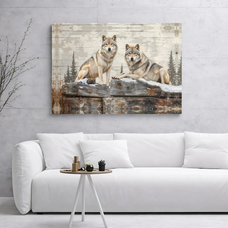 Two Wolves Canvas Wall Art | Rustic Winter Forest Wildlife Print | Premium Gallery Wrap Decor | Nature Lover Gift