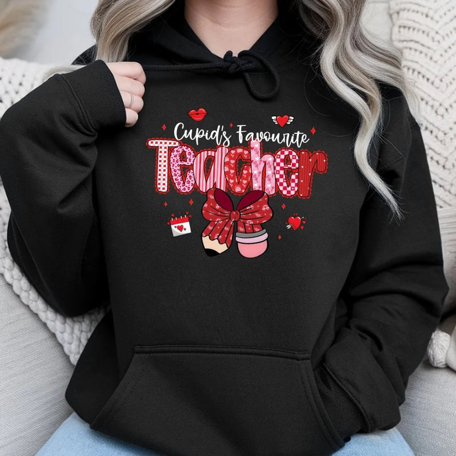 Cupid's Favorite Teacher Hoodie | Retro Valentine Pencil & Bow Design | Soft Cotton Blend Pullover | Cute Valentine's Day Teacher Gift
