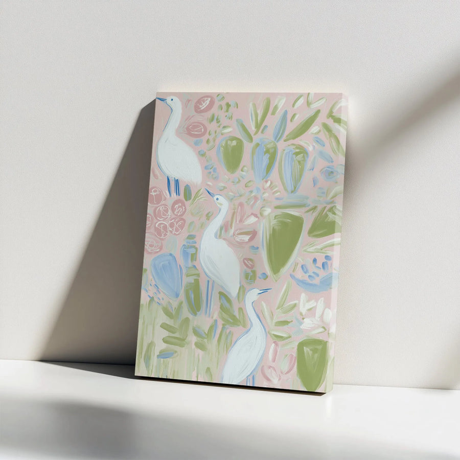 Abstract Heron Vertical Canvas | Pastel Botanical Bird Painting | Premium Gallery Wrapped Canvas Art | Contemporary Living Room Decor
