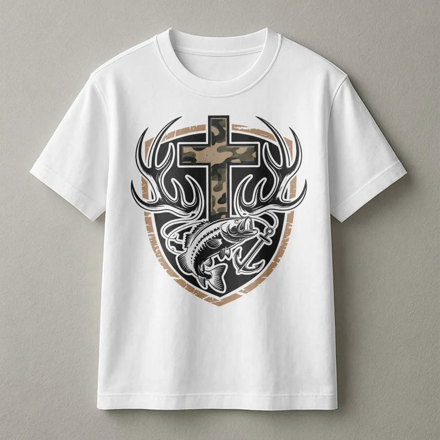 Christian Fishing Hunting T-Shirt | Camo Cross with Bass & Antlers Graphic | Premium Cotton Blend | Gift for Religious Hunter Fisherman