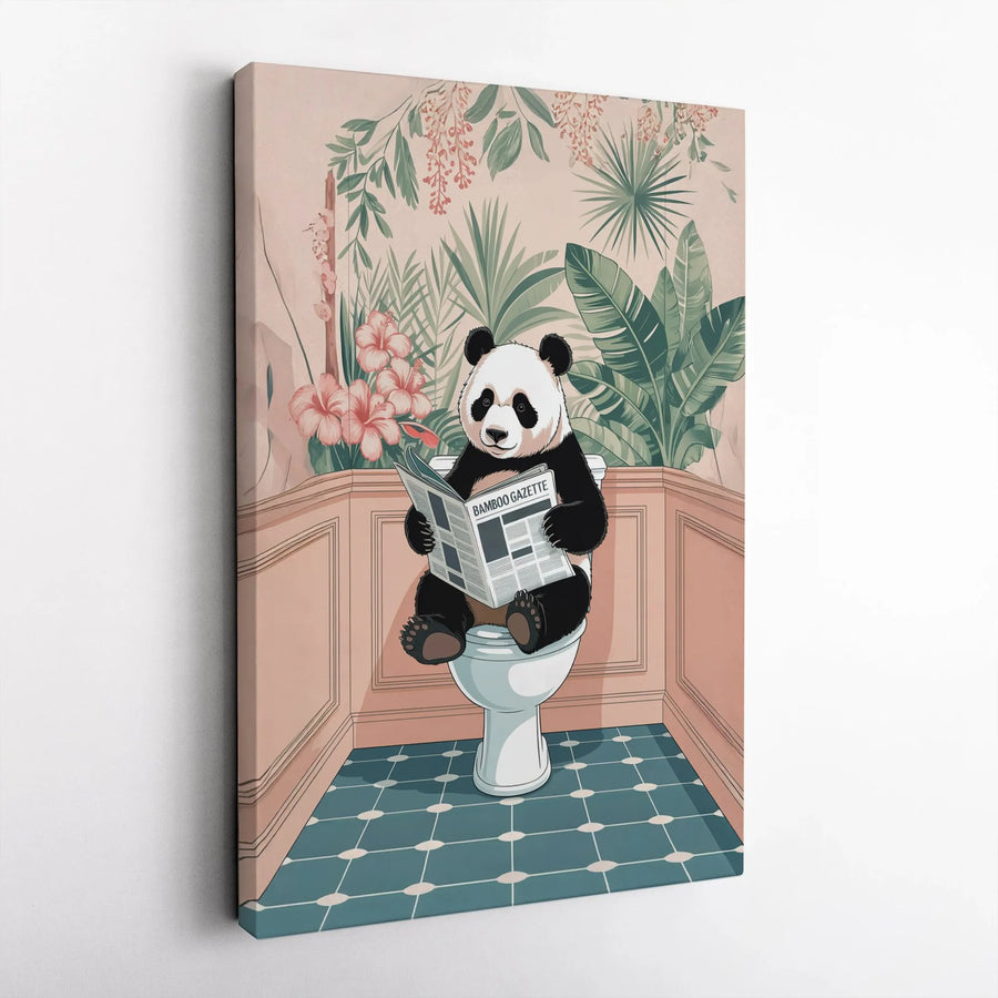 Funny Panda Reading Newspaper Wall Art | Bathroom Decor Tropical Print | Premium 1.25 Inch Canvas | Humorous Home Interior Gift