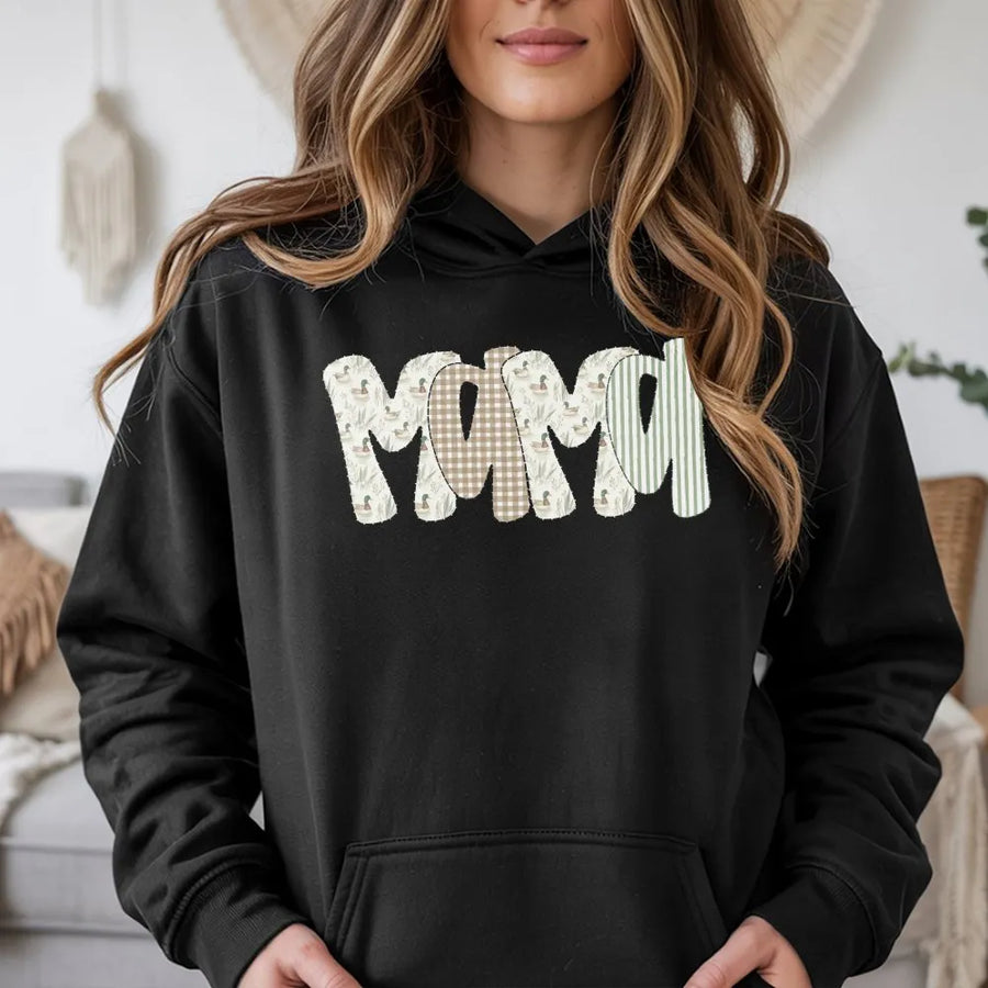 Mama Duck Hunting Hoodie | Mallard Print Patchwork Design | Premium Cotton-Blend Sweatshirt | Outdoorsy Mom Gift For Hunting Season