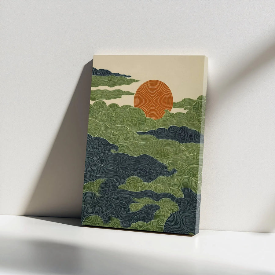 Japanese Wave Art Vertical Canvas | Retro Ukiyo-e Style Waves with Orange Rising Sun | Premium 1.25 Inch Frameless Gallery Wrap | Aesthetic Home Decor Gift for Art Lovers