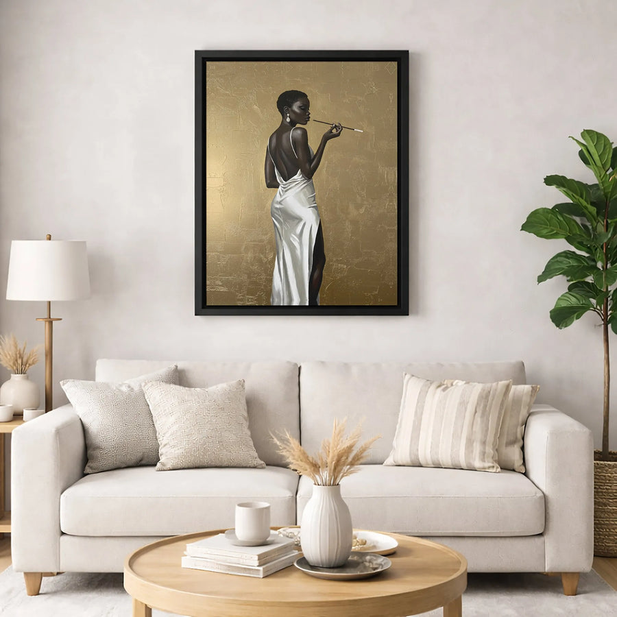 Black Woman Art Print | Elegant Fashion Lady in White Dress | Premium Gallery Wrap Canvas | Luxury Home Decor Gift for Her