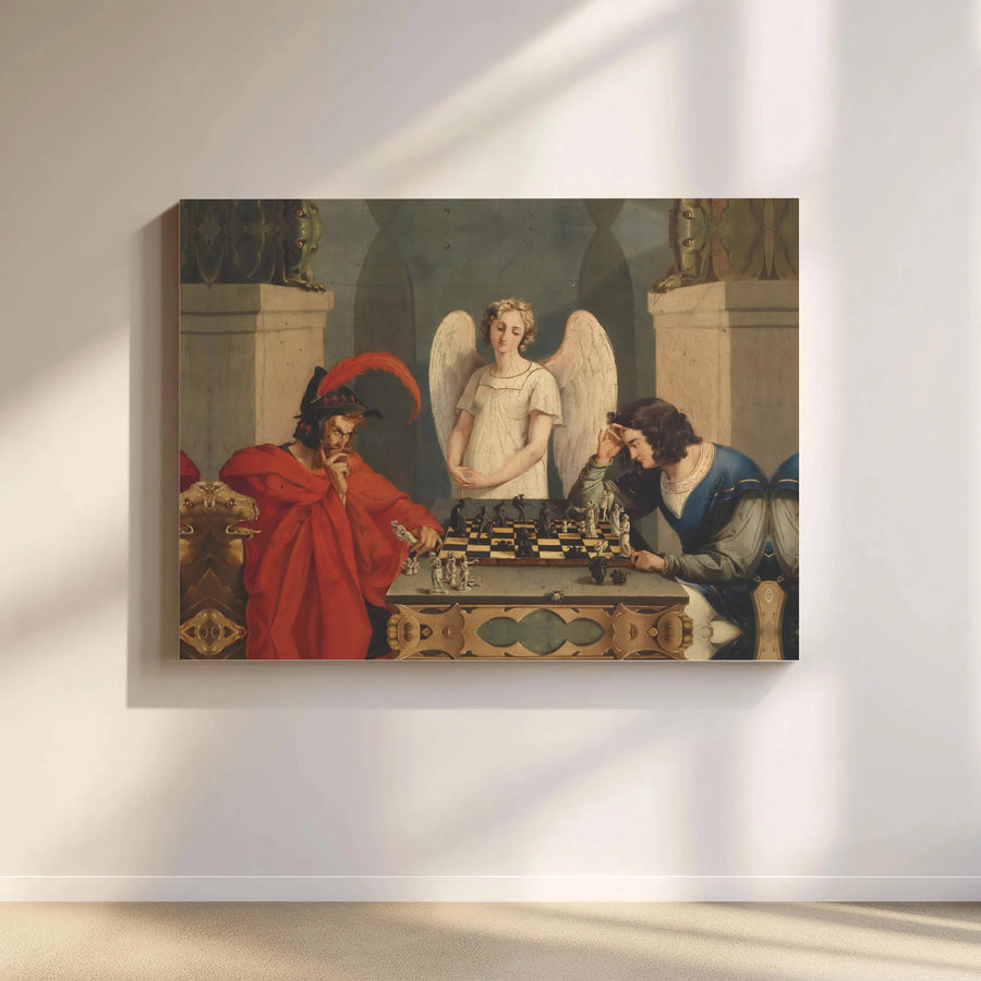The Chess Players Wall Art | Moritz Retzsch Satan Playing Chess Print | Premium Gallery Wrapped Canvas | Gothic Home Office Decor Gift