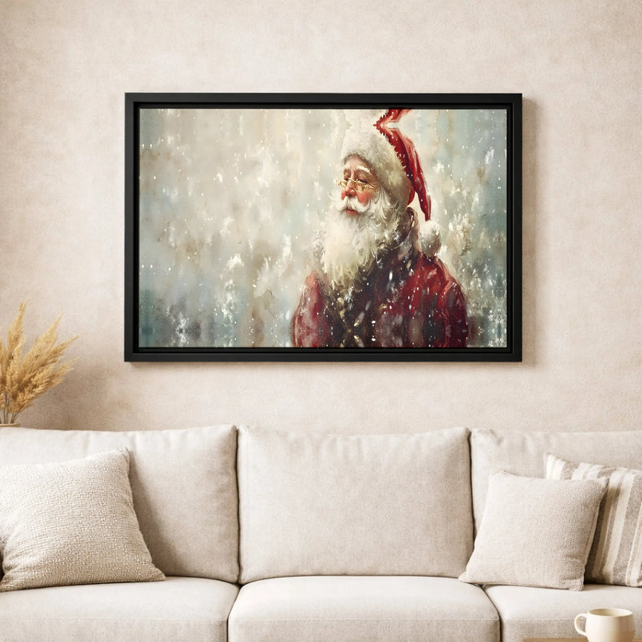 Vintage Santa Claus Wall Art | Snowy Portrait Oil Painting Style | Gallery Wrapped Canvas | Premium Christmas Holiday Home Decor