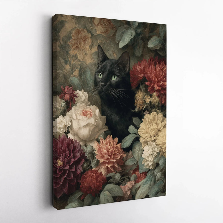 Black Cat Floral Canvas Wall Art | Moody Botanical Oil Painting Style | Premium Gallery Wrap | Gift For Cat Lovers & Home Decor Enthusiasts