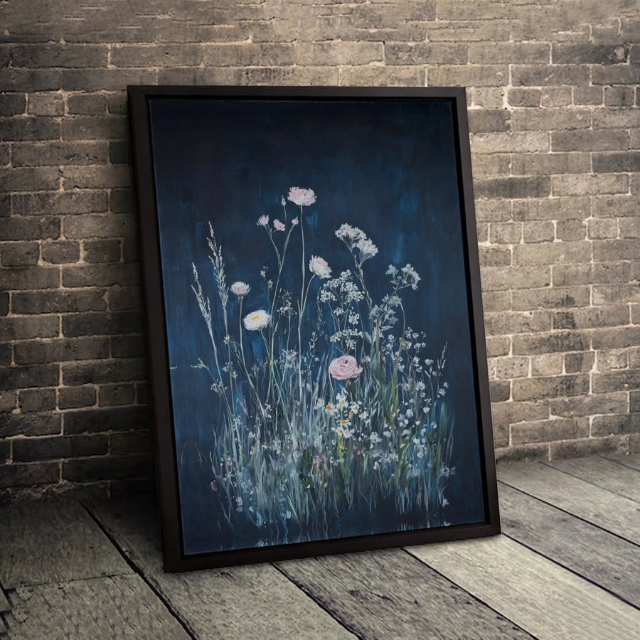 Dark Botanical Wall Art | Moody Wildflower Field Painting | Premium Gallery Wrapped Canvas | Elegant Floral Home Decor Gift