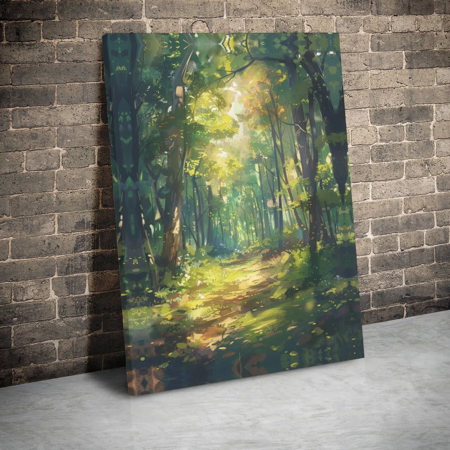 Forest Wall Art Canvas | Sunlit Woodland Path Painting | Gallery Wrapped Premium Decor | Nature Inspired Living Room Home Office Gift