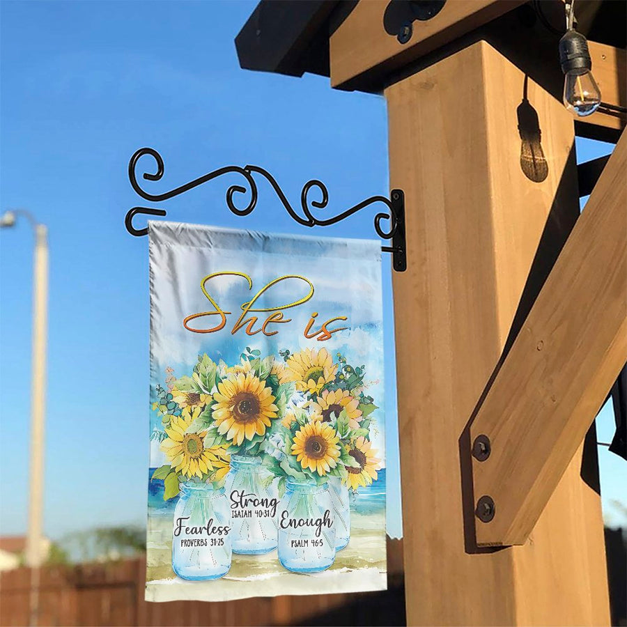 She Is Strong Fearless Enough Garden Flag | Sunflower Mason Jar Faith Decor | Weather-Resistant Polyester | Inspirational Christian Gift for Her