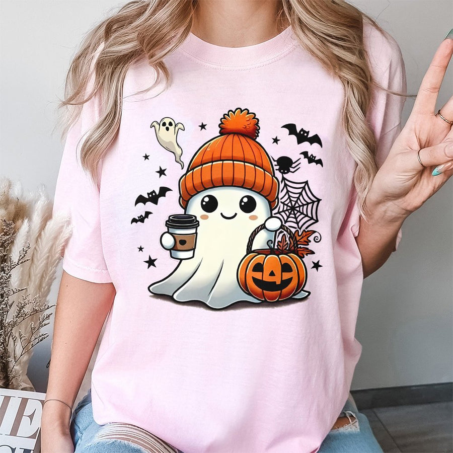Cute Ghost T-Shirt | Halloween Pumpkin Coffee Graphic Tee | Premium 100% Cotton Shirt | Spooky Season Gift For Coffee Lovers
