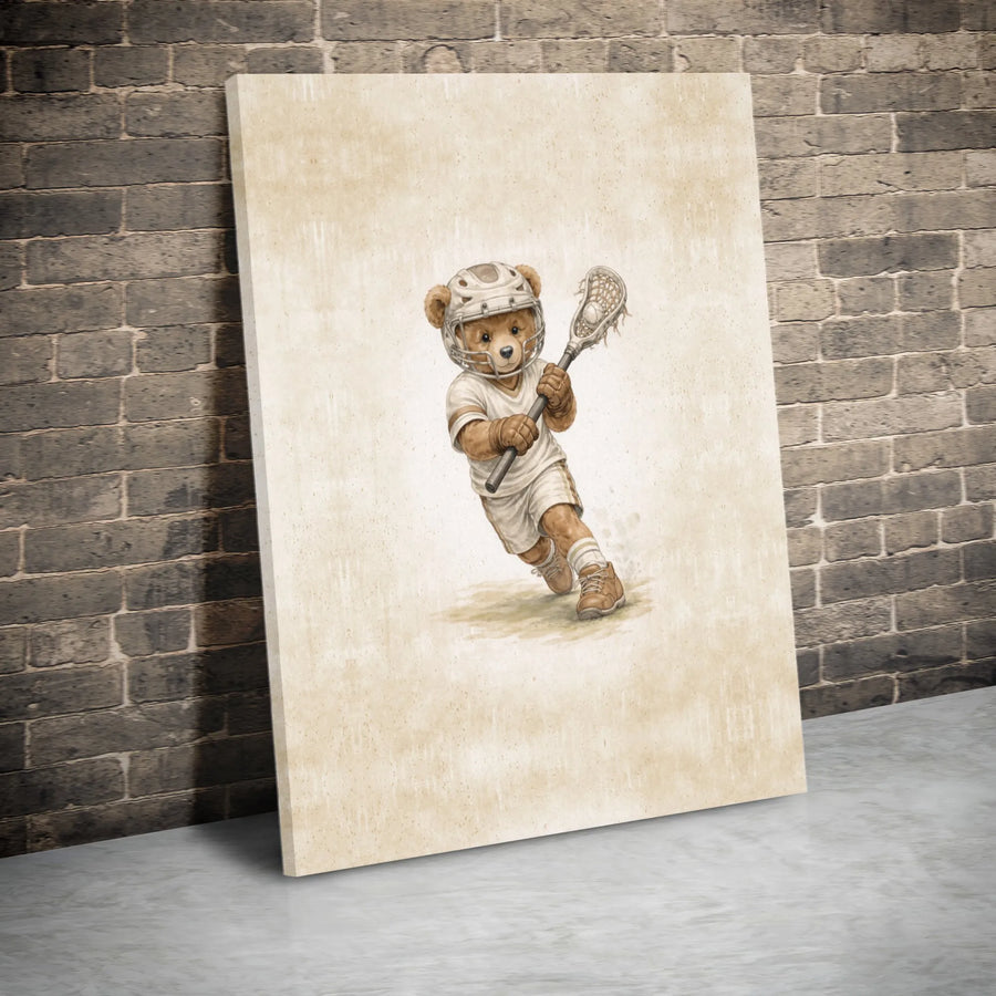 Lacrosse Bear Canvas Print | Vintage Teddy Bear Sports Art | Premium Gallery Wrapped Canvas | Kids Room Decor & Gift for Player