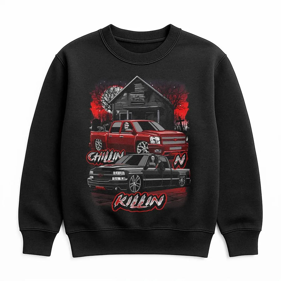 Car Enthusiast Sweatshirt | Chillin N Killin Graphic Print | Cotton Blend Premium Pullover | Gift for Mechanic and Auto Lover