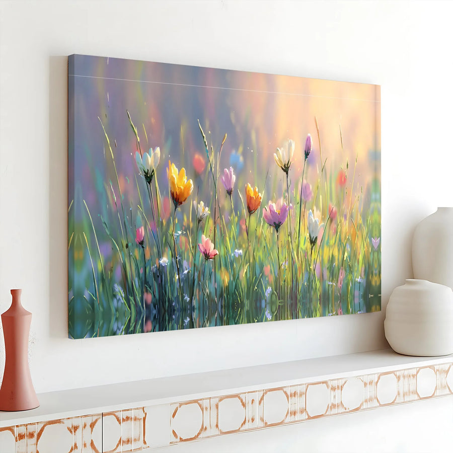 Wildflower Meadow Canvas Print | Soft Pastel Botanical Wall Art | Premium Fade-Resistant Gallery Wrap | Modern Nature Home Decor