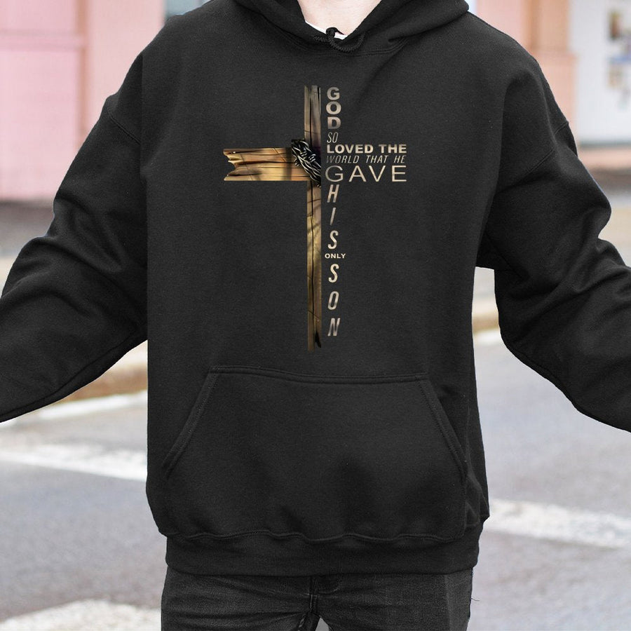 God So Loved The World Cross Hoodie | Christian Scripture Bible Verse Graphic | Premium Cotton Blend Sweatshirt | Religious Gift For Men And Women