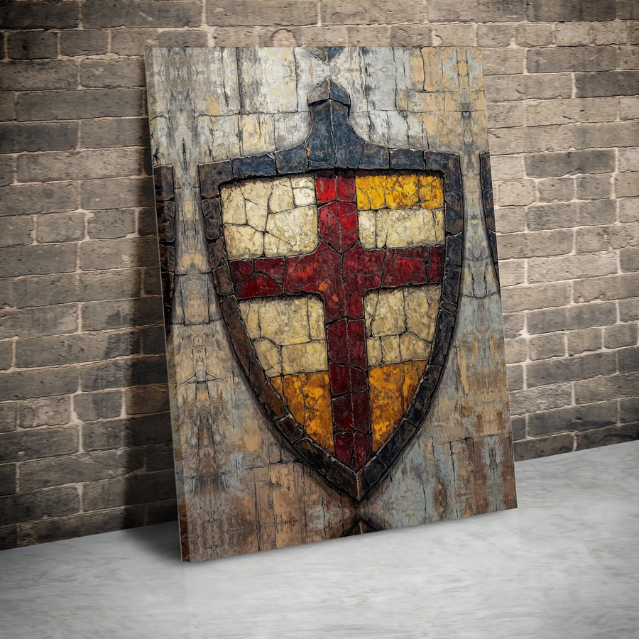 Medieval Knights Shield Canvas Wall Art | Rustic Stone Crusader Cross Print | Premium Gallery-Quality Canvas | Collector's Gift for Him