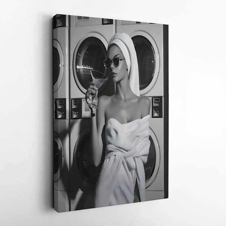 Laundromat Martini Woman Wall Art | Chic Black and White Fashion Photography | Premium 1.25” Gallery Canvas | Sophisticated Home Decor Gift