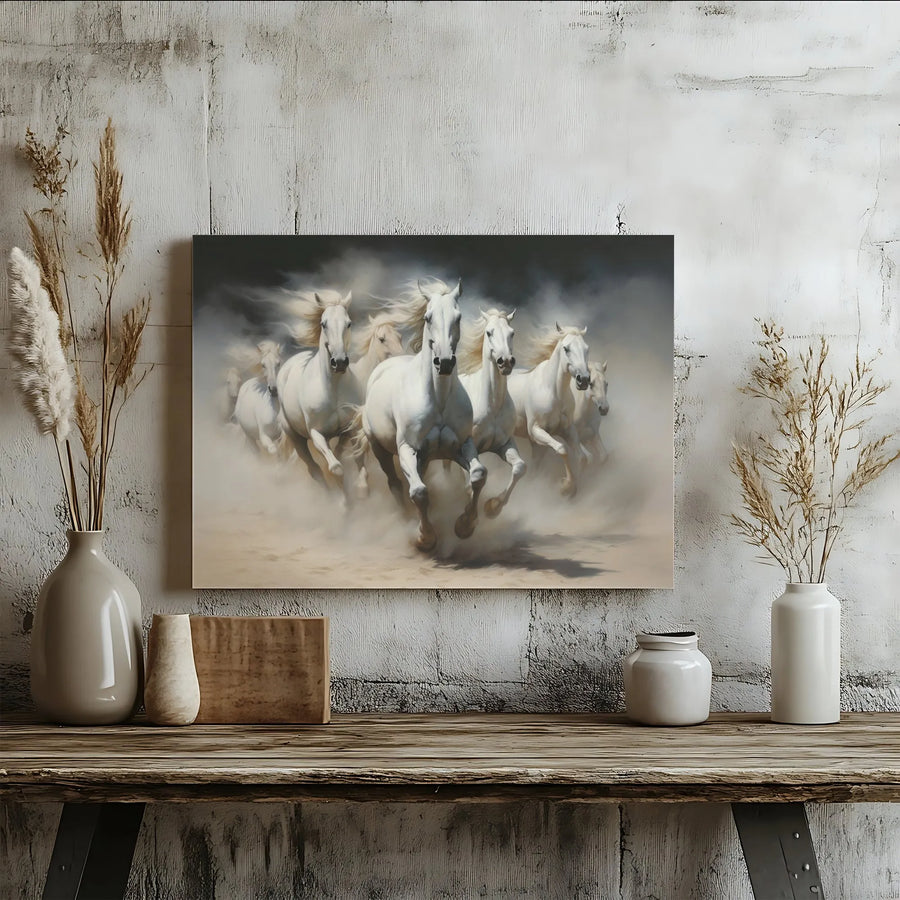 Running White Horses Canvas Wall Art | Majestic Seven Horse Herd Painting | Premium Gallery Wrapped Canvas | Equestrian Home Decor Gift