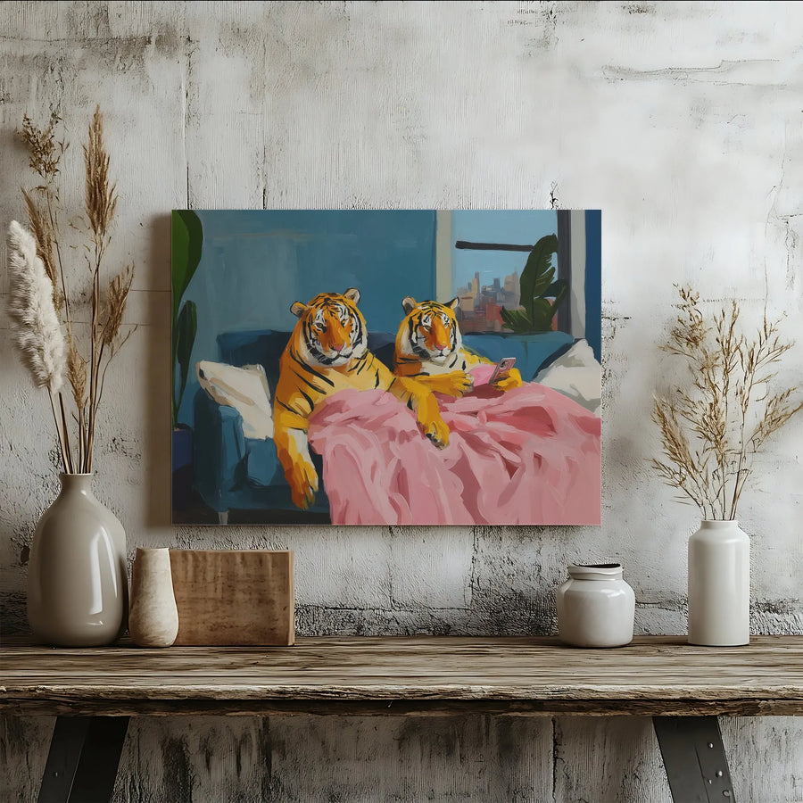 Tiger Wall Art Canvas | Two Tigers Lounging On Couch Smartphone Painting | Premium Gallery-Wrapped Print | Whimsical Animal Home Decor Gift