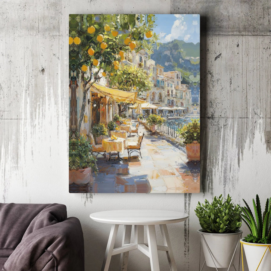 Italian Coast Canvas Wall Art | Impressionist Lemon Tree Cafe Painting | Thick Gallery Wrap Print | Premium Living Room Decor Gift