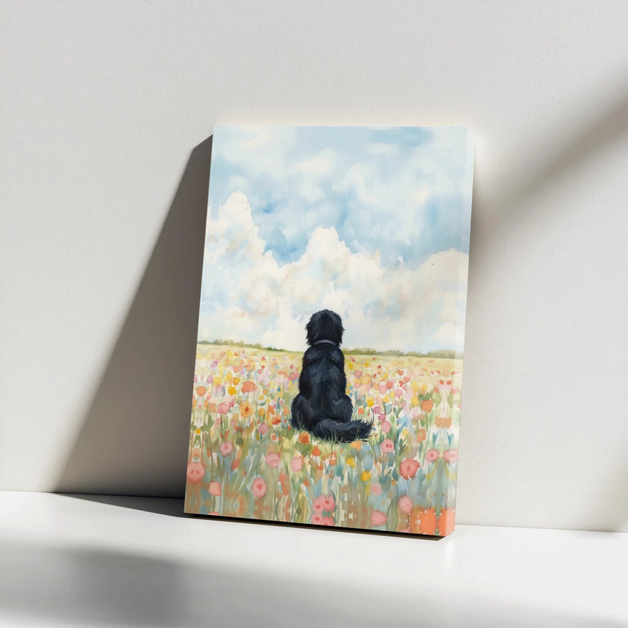 Black Dog in Meadow Canvas Art | Watercolor Wildflower Field Print | Premium Gallery Wrapped Canvas | Gift for Dog Lover, Farmhouse Wall Decor