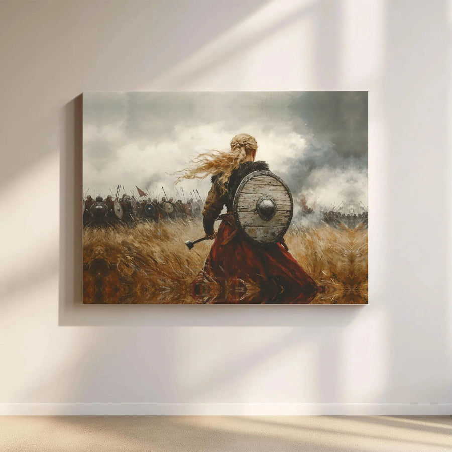 Viking Shield Maiden Canvas Wall Art | Warrior Woman Battle Scene Print | Premium Gallery Wrapped Decor | Gift for History Lovers