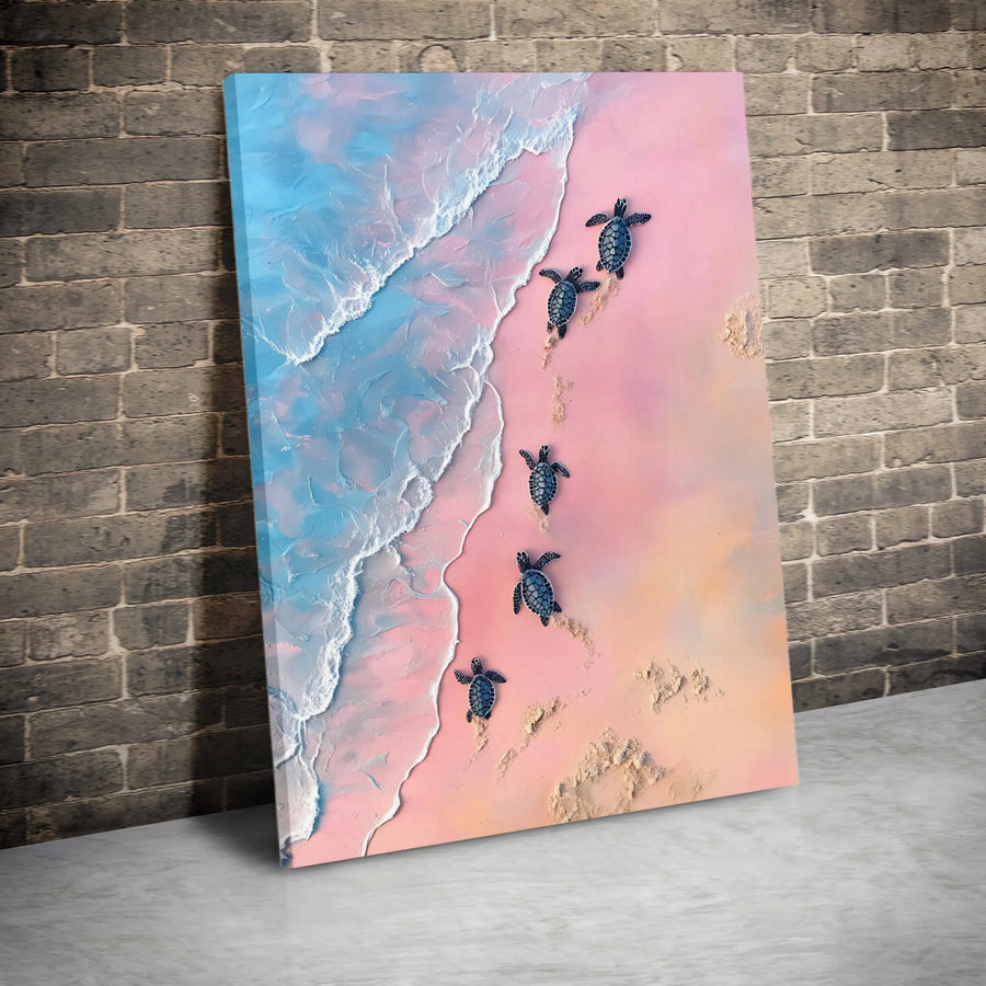 Baby Sea Turtle Wall Art | Pink Sand Beach Ocean Canvas Print | Premium Gallery Wrapped Decor | Coastal Nursery Gift for Ocean Lovers