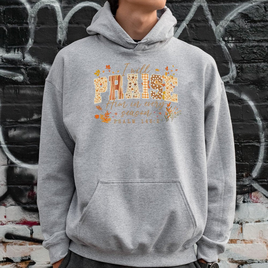 I Will Praise Him In Every Season Hoodie | Bible Verse Fall Floral Graphic | Premium Cotton-Poly Blend | Christian Faith Gift for Women
