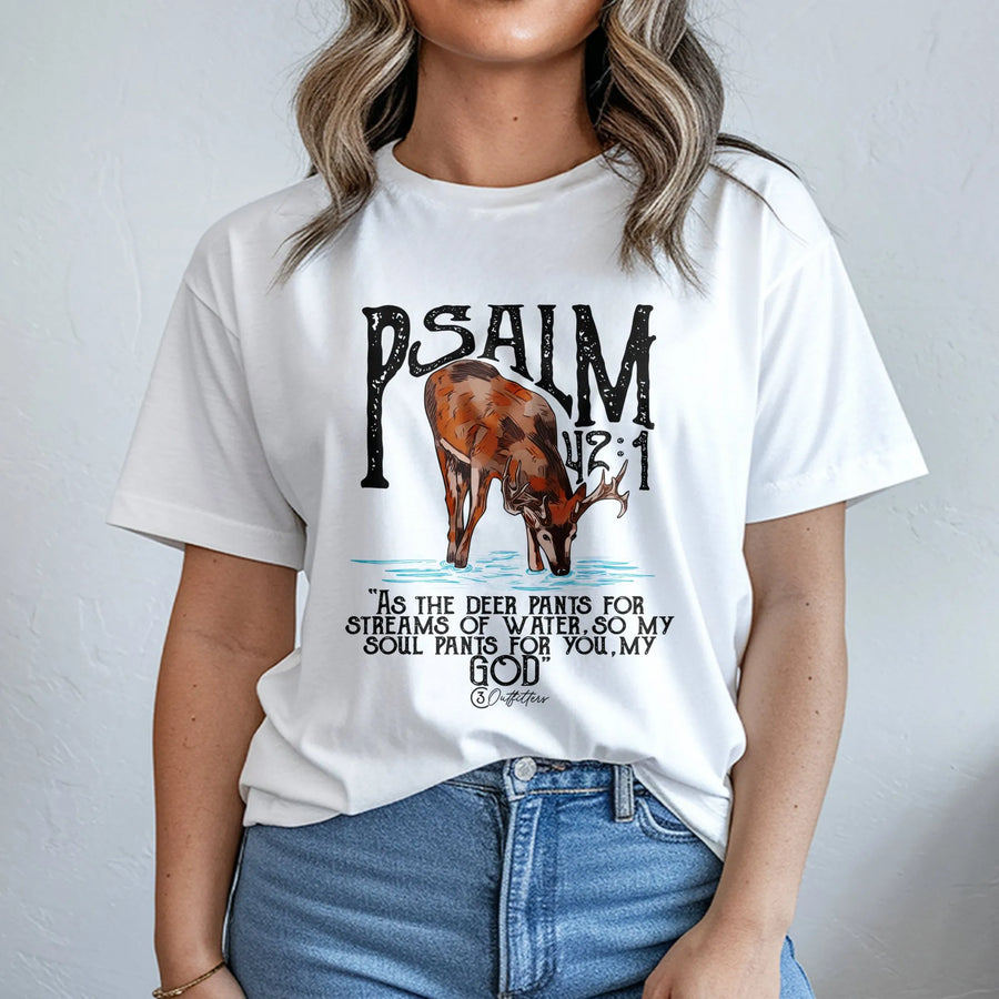 Psalm 42:1 Deer T-Shirt | Christian Bible Verse Graphic | Premium Soft Cotton Apparel | Faithful Hunting Gift for Outdoorsmen